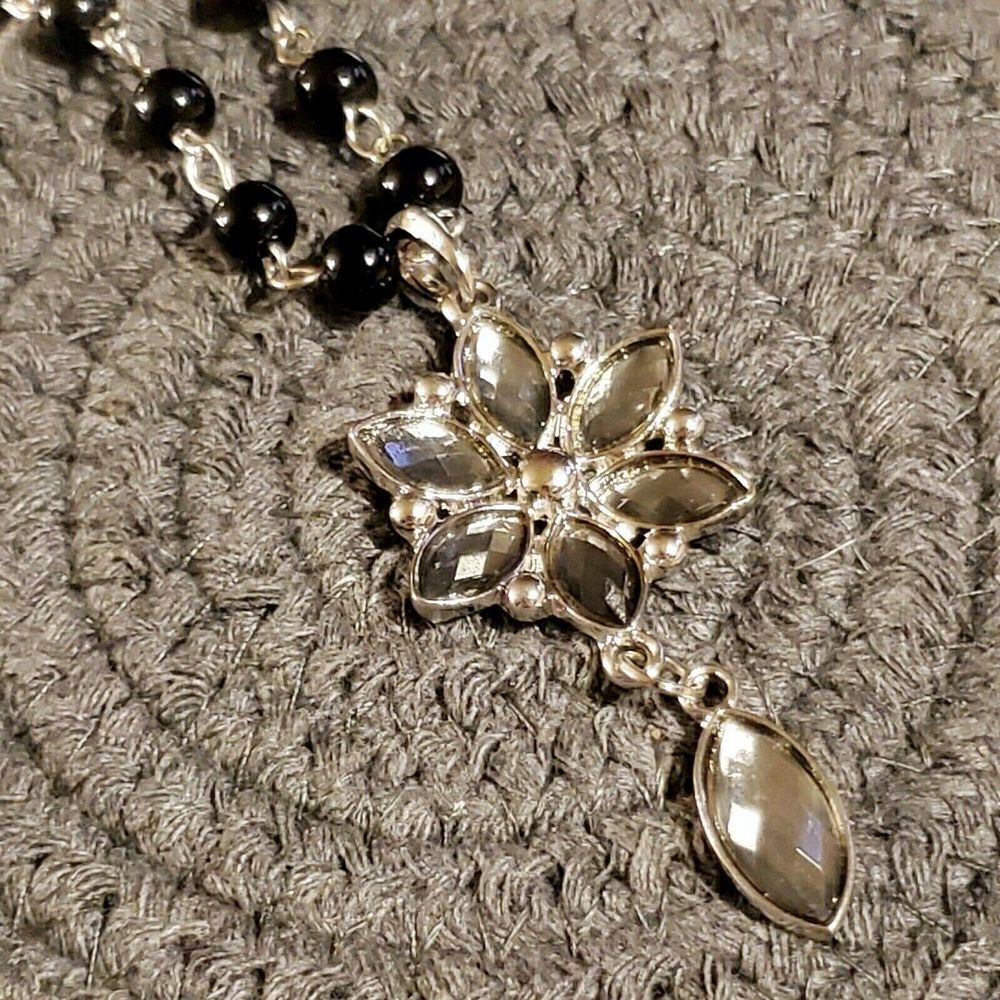 Victorian Style Black Silver and Smoke Navette Flower Pendant Necklace - Picture 4 of 5